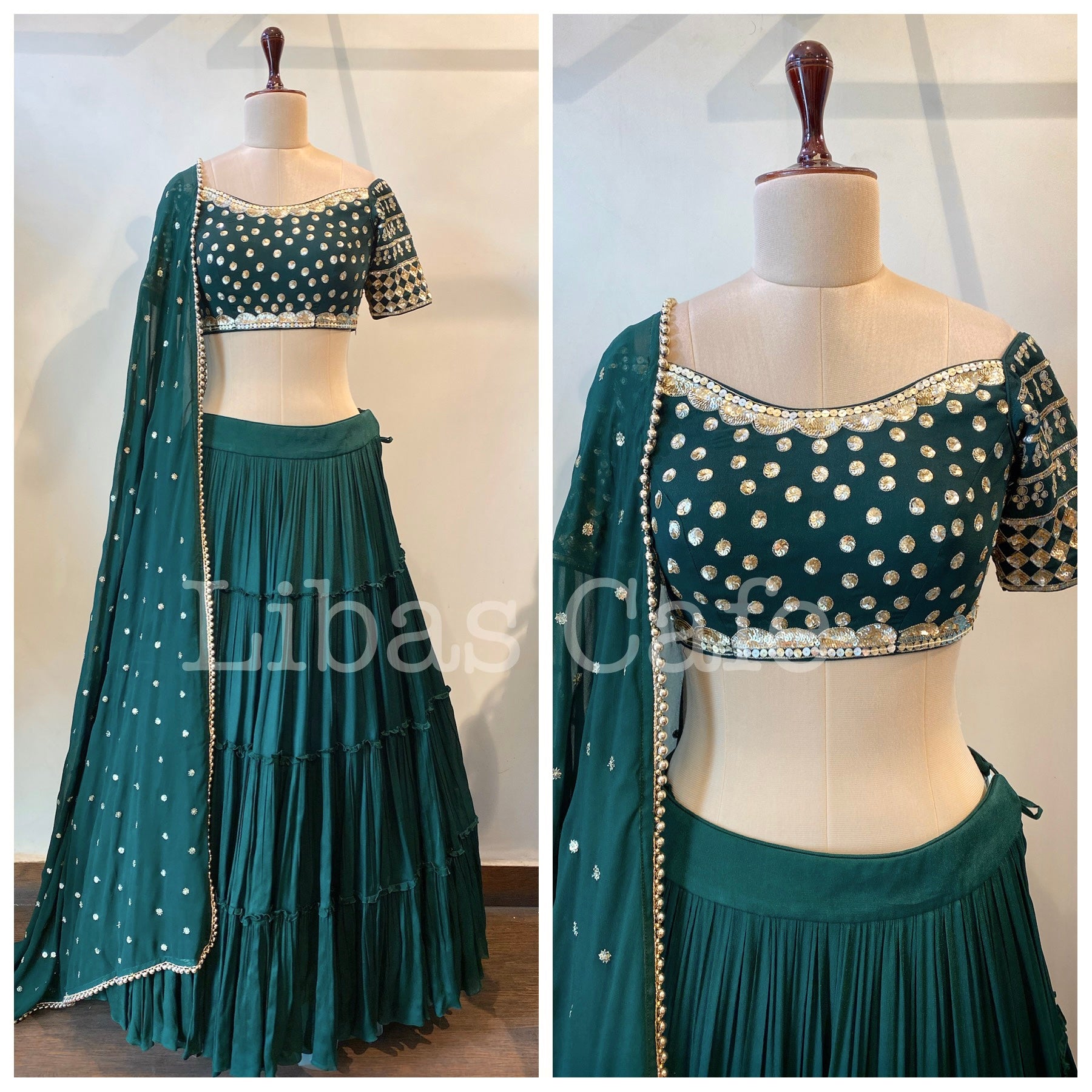 Bottle Green Layered Sequin Lehenga